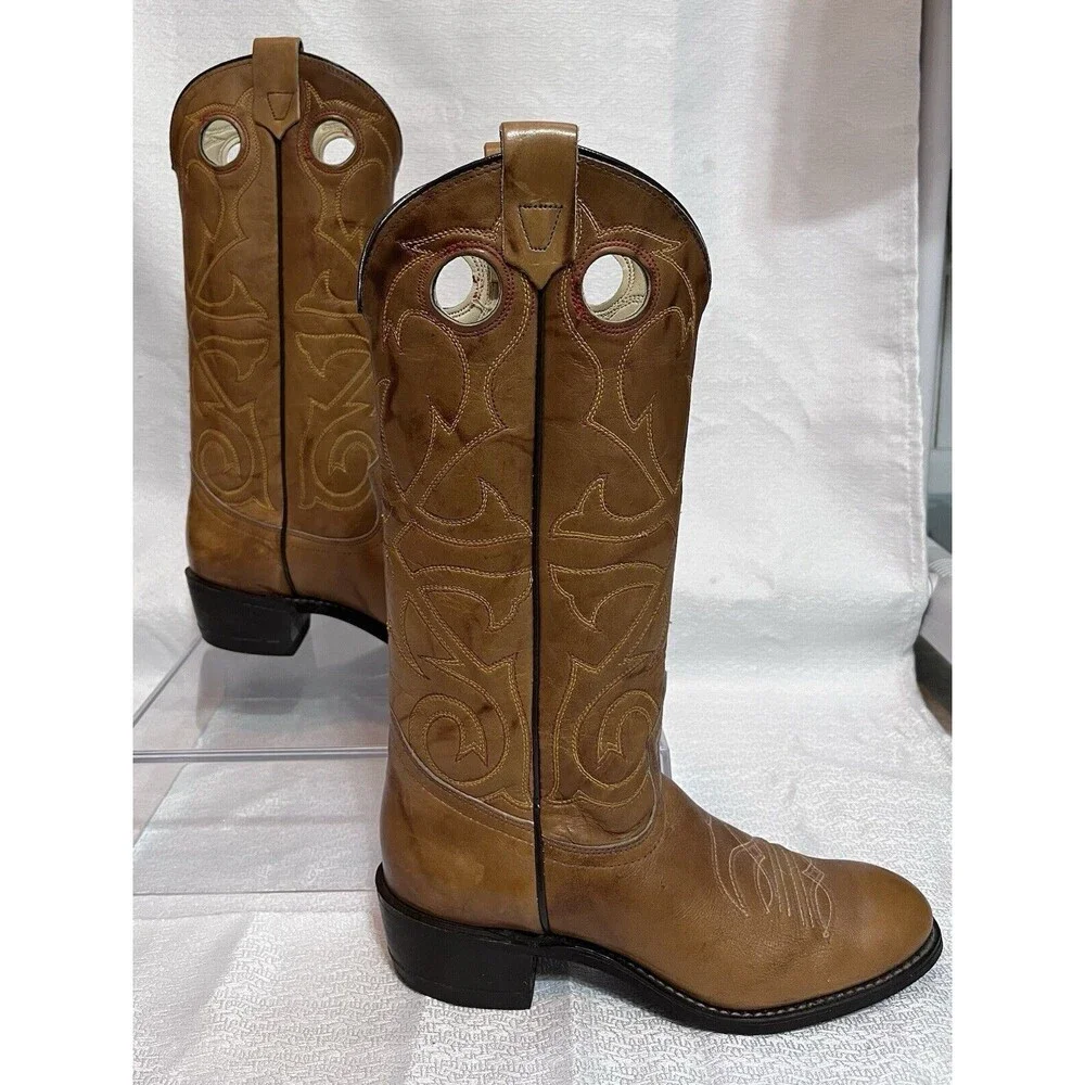 Texas USA Leather Western Pointed Toe Pull On Cowboy Boots Mens 7.5 Tan Country